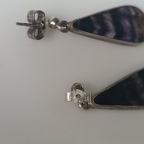 Vintage Boho Rare Sterling Silver Blue John Gemstone Purple Drop Dangle Earrings - Picture 9 of 10